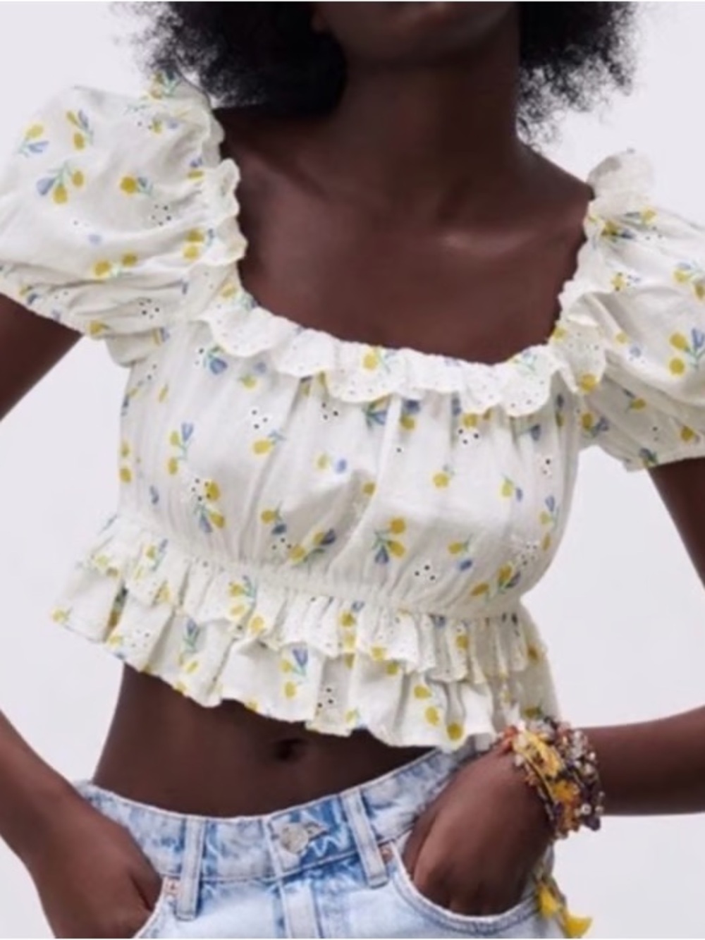 Zara White Floral Ruffle Crop Top
